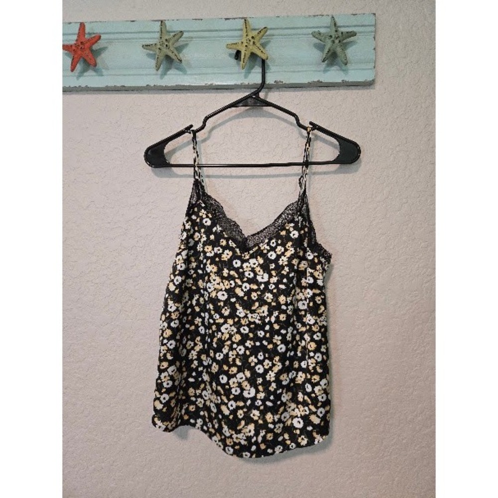 Abercrombie & Fitch Floral Lace Trim Cami Top Black Yellow Daisy Womens XS